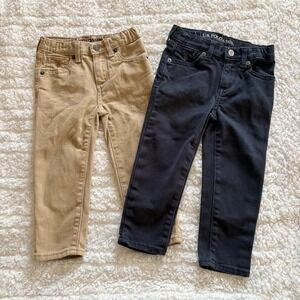 US Polo Assn. Boys Khaki & Navy Blue Chino Pants Bundle Size 2T Elastic Waist